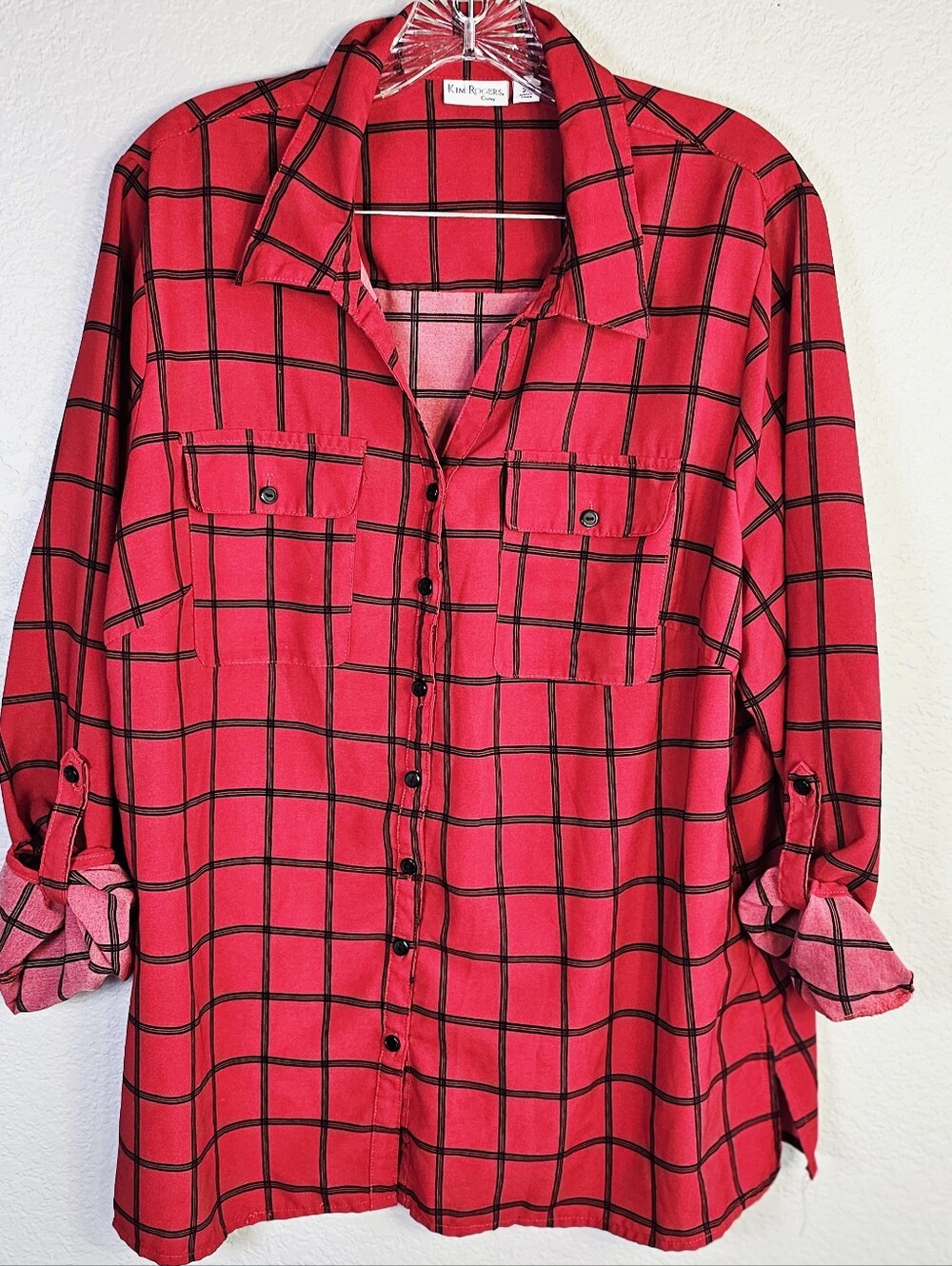 Kim Rogers Curvy 2X Red Black Windowpane Plaid Button-Up Blouse Roll Tab Sleeves - Picture 4 of 4